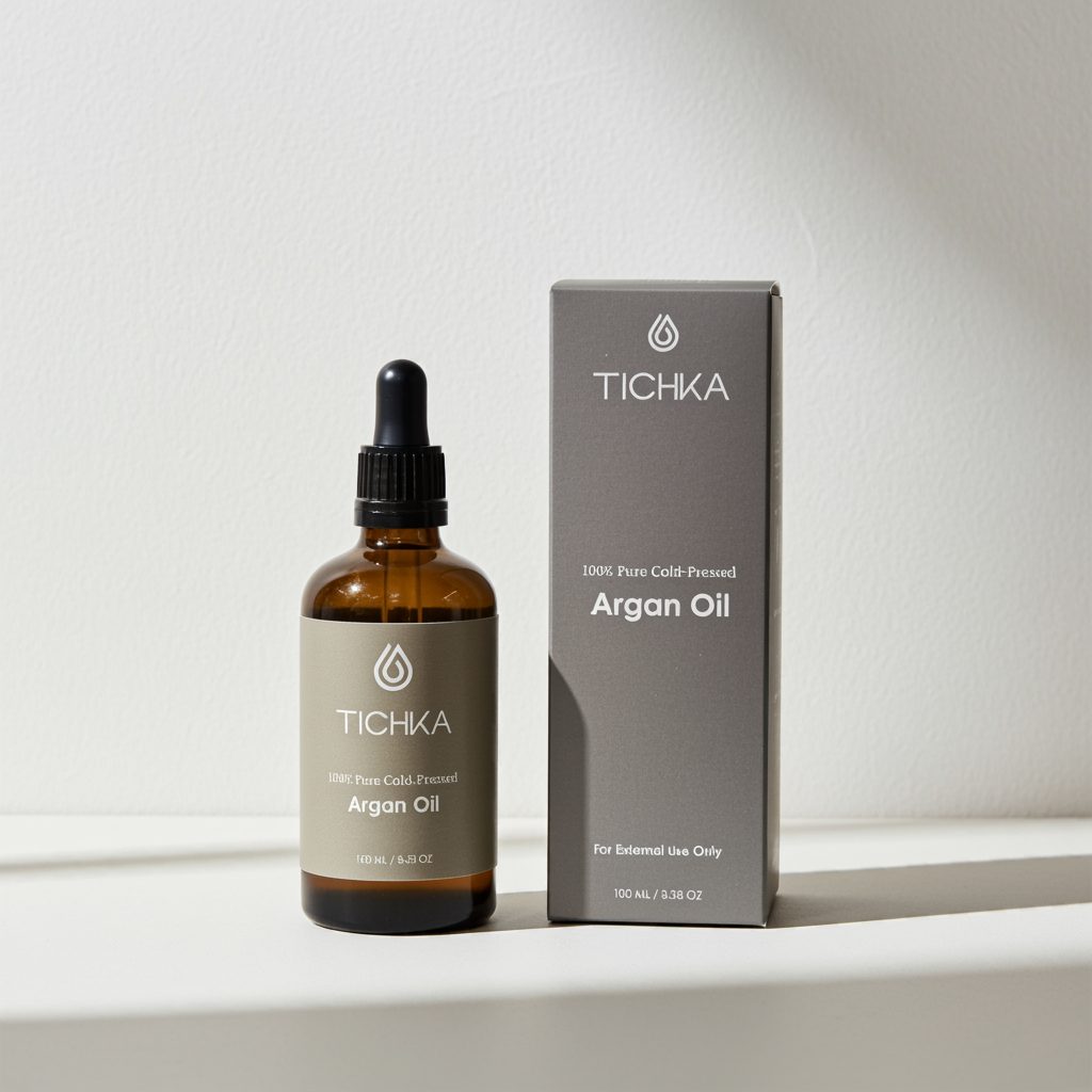 TICHKA argan oil bottle and packaging on a white background