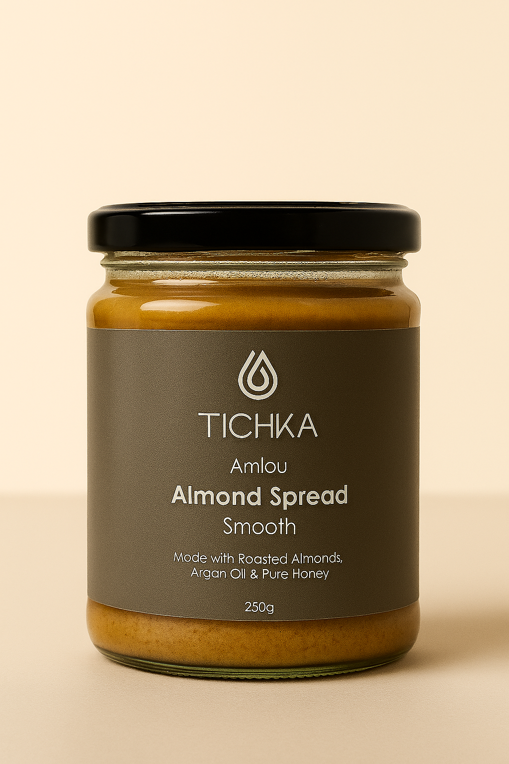 Jar of Tichka Almond Spread on a beige background