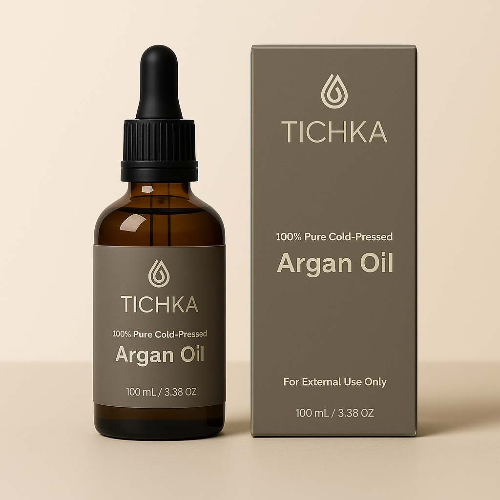 TICHKA argan oil bottle and packaging on a beige background