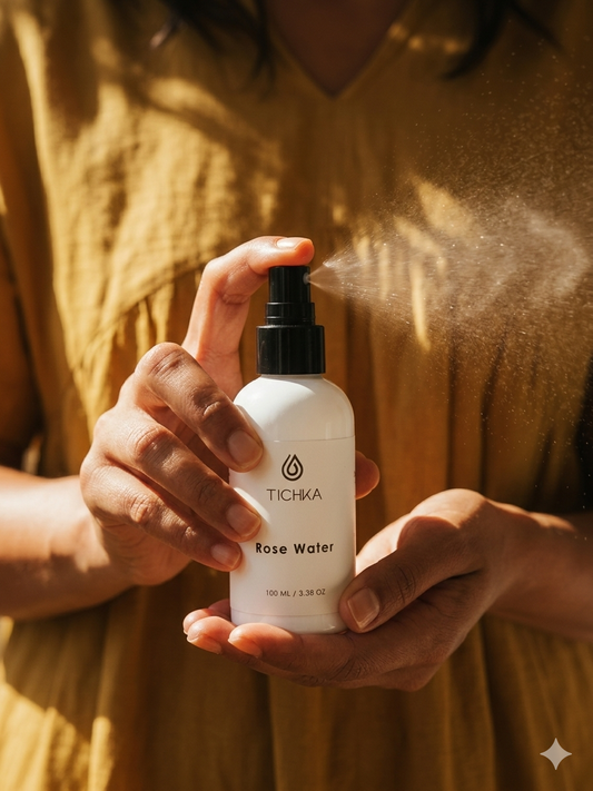 Person holding a TICHKA rose water spray bottle with a yellow background