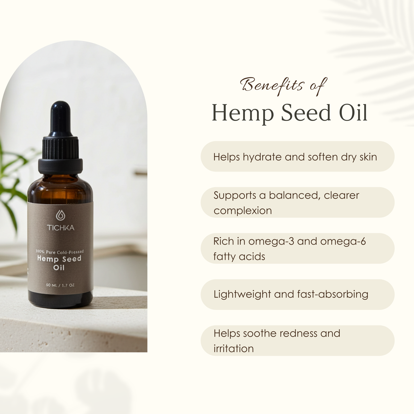 Tichka Hemp Seed Oil bottle with benefits listed on a white background