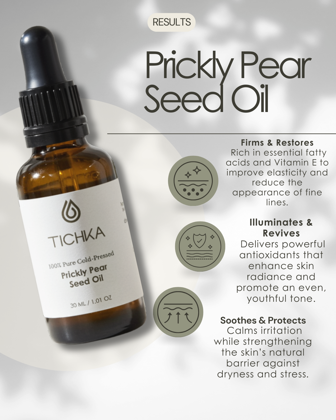 TICHKA Prickly Pear Seed Oil bottle with benefits text on a light gray background