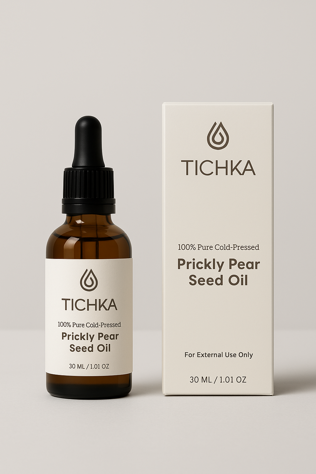 TICHKA Prickly Pear Seed Oil bottle and packaging on a light gray background