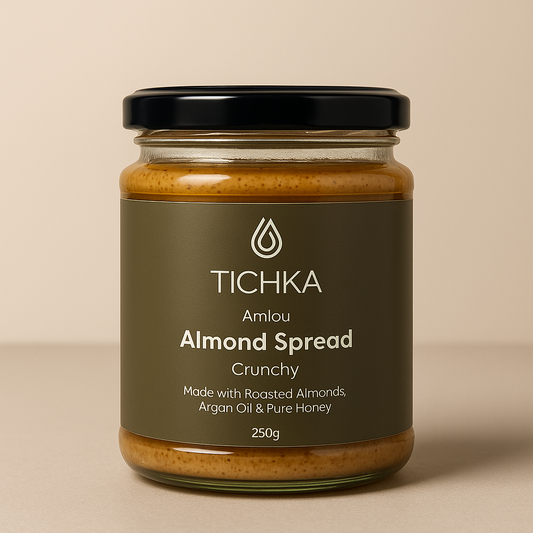 Jar of TICHKA Almond Spread Crunchy on a beige background