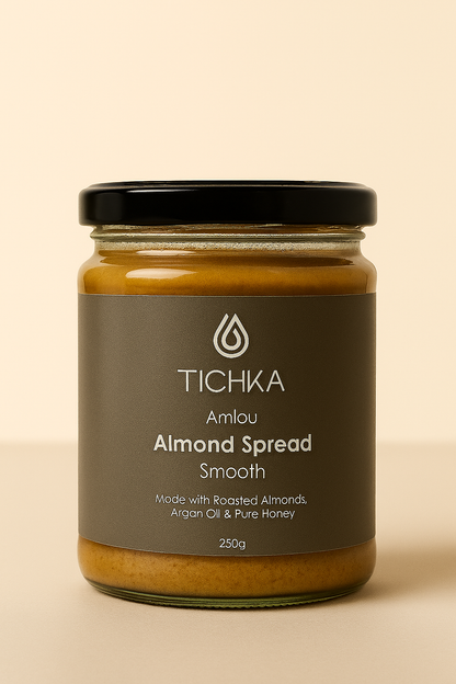 Jar of Tichka Almond Spread on a beige background