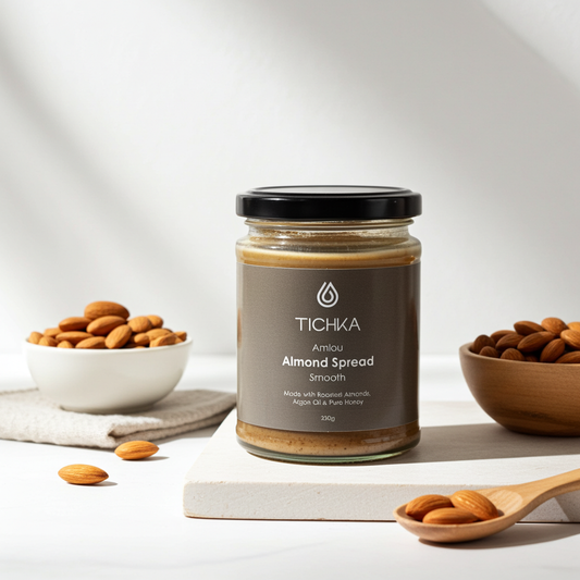 Jar of Tichika almond spread with almonds around on a light background