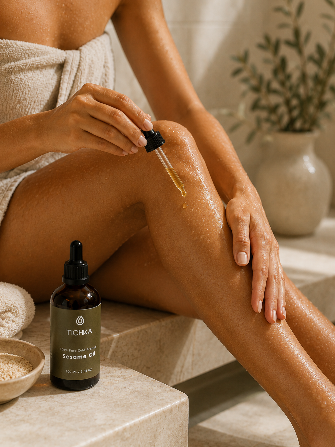 A person wrapped in a beige towel applies Tichia Sesame Oil with a glass dropper to their leg. The amber glass bottle with a dark olive-green label sits on a stone ledge in the foreground, with a neutral bathroom setting and a potted plant in the background.