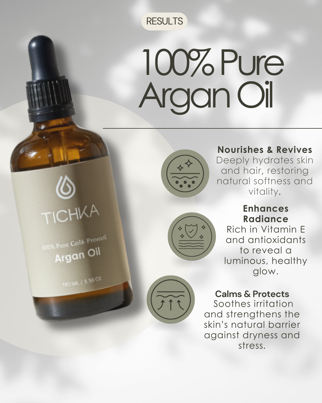 TICHIA argan oil bottle with benefits listed on a light background