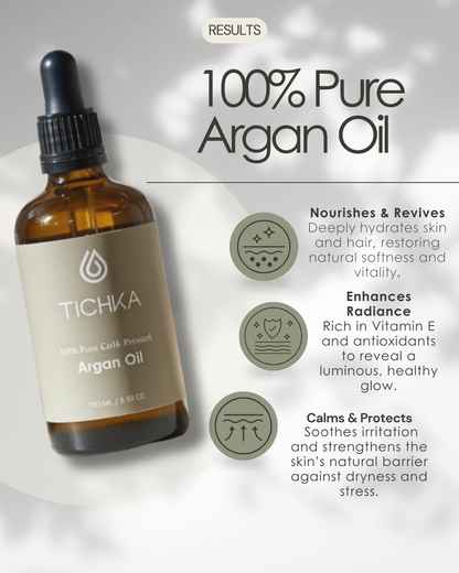 TICHIA argan oil bottle with benefits listed on a light background