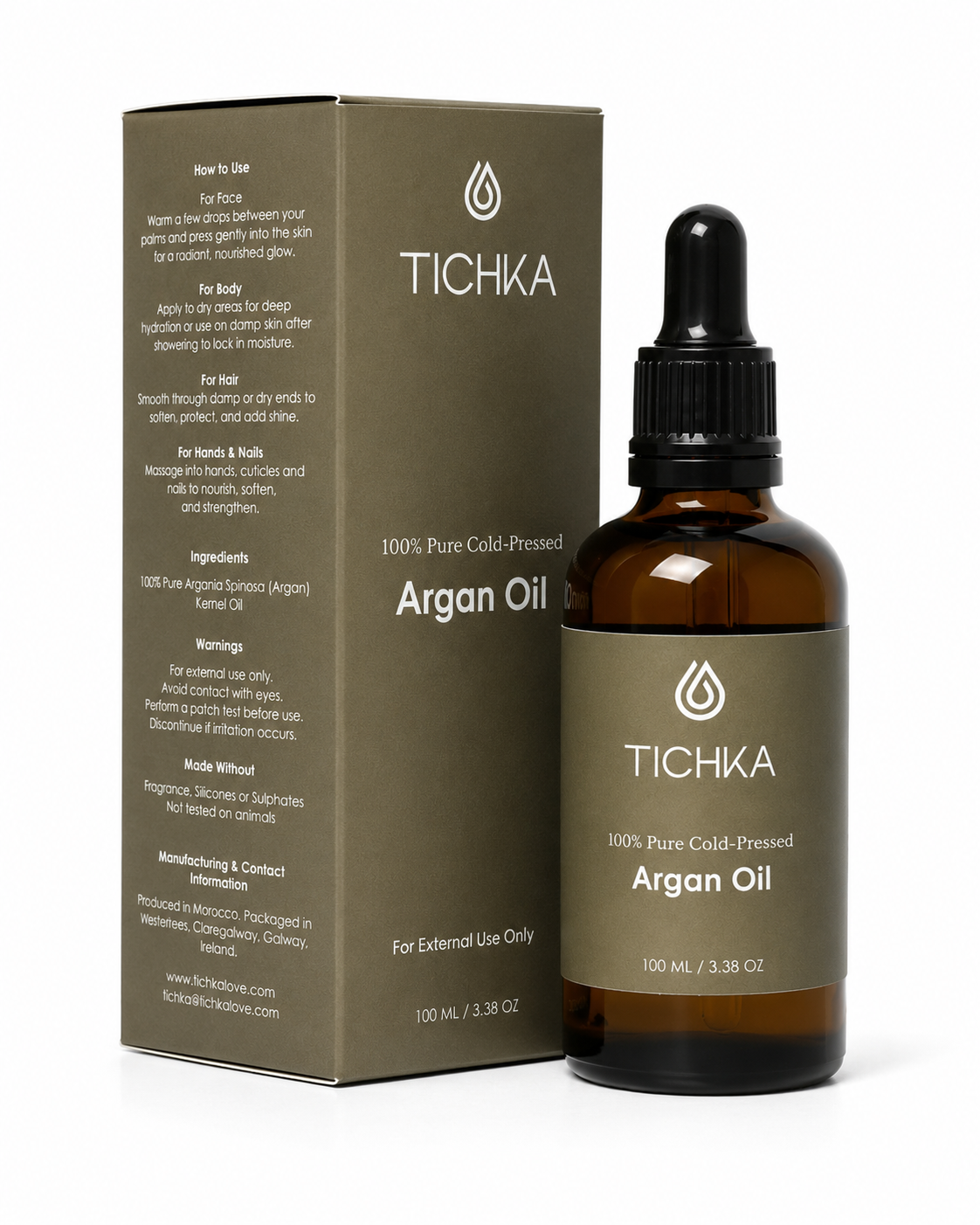 Tichka Argan Oil 100ml dropper bottle next to its brown cardboard packaging box, displayed on a clean white background.