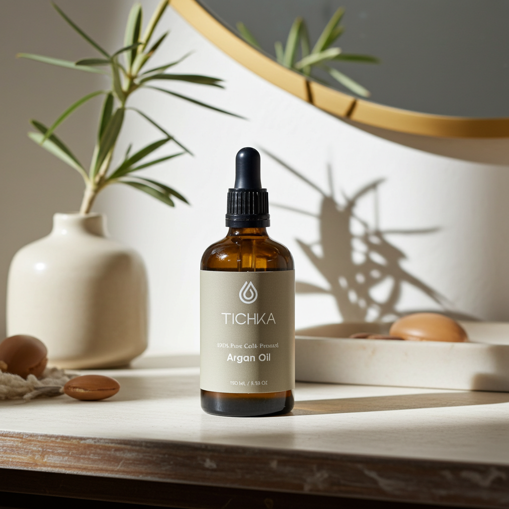 TICHKA Argan Oil bottle on a wooden surface with decorative elements