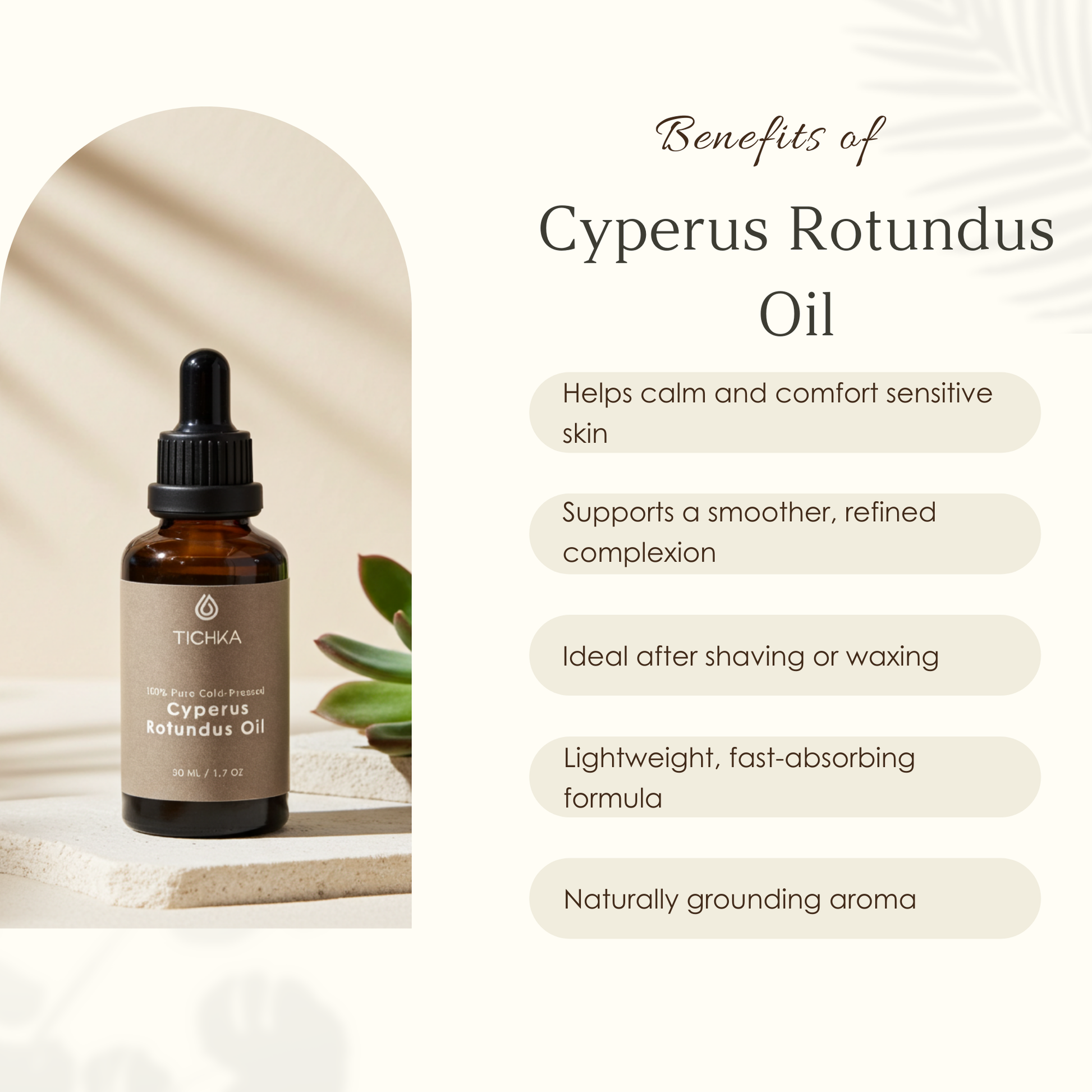 Tichka Cyperus Rotundus Oil bottle with benefits listed on a white background