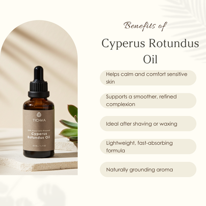 Tichka Cyperus Rotundus Oil bottle with benefits listed on a white background