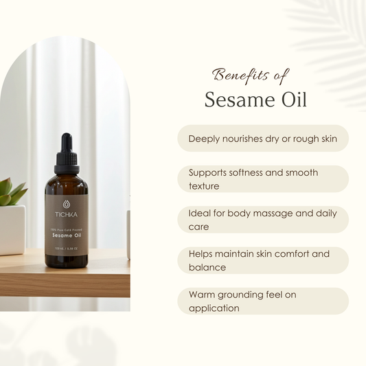 Bottle of sesame oil with benefits listed on a white background