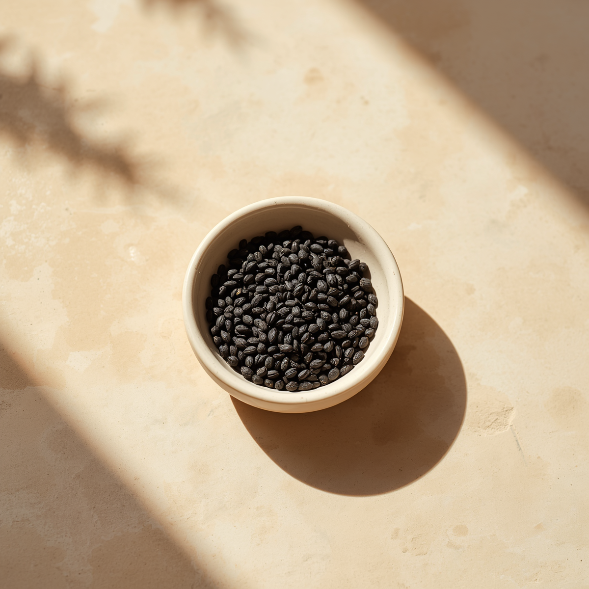 Black seeds in a wooden bowl on a light surface