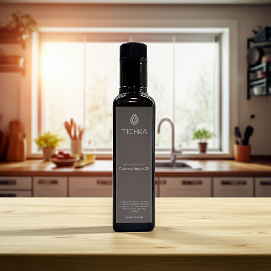 Bottle of TICHKA Culinary Argan Oil on a kitchen counter