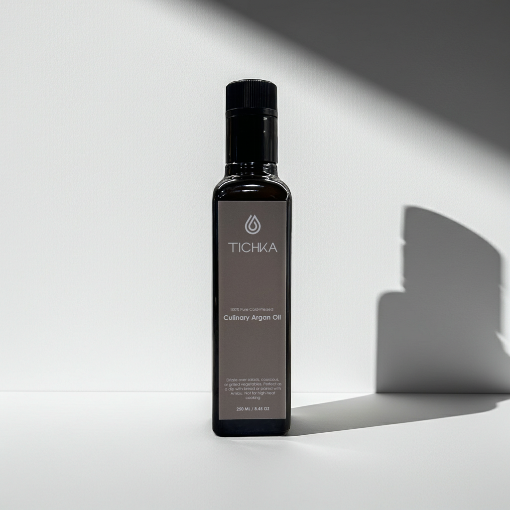 Bottle of Tichka Culinary Argan Oil on a white background