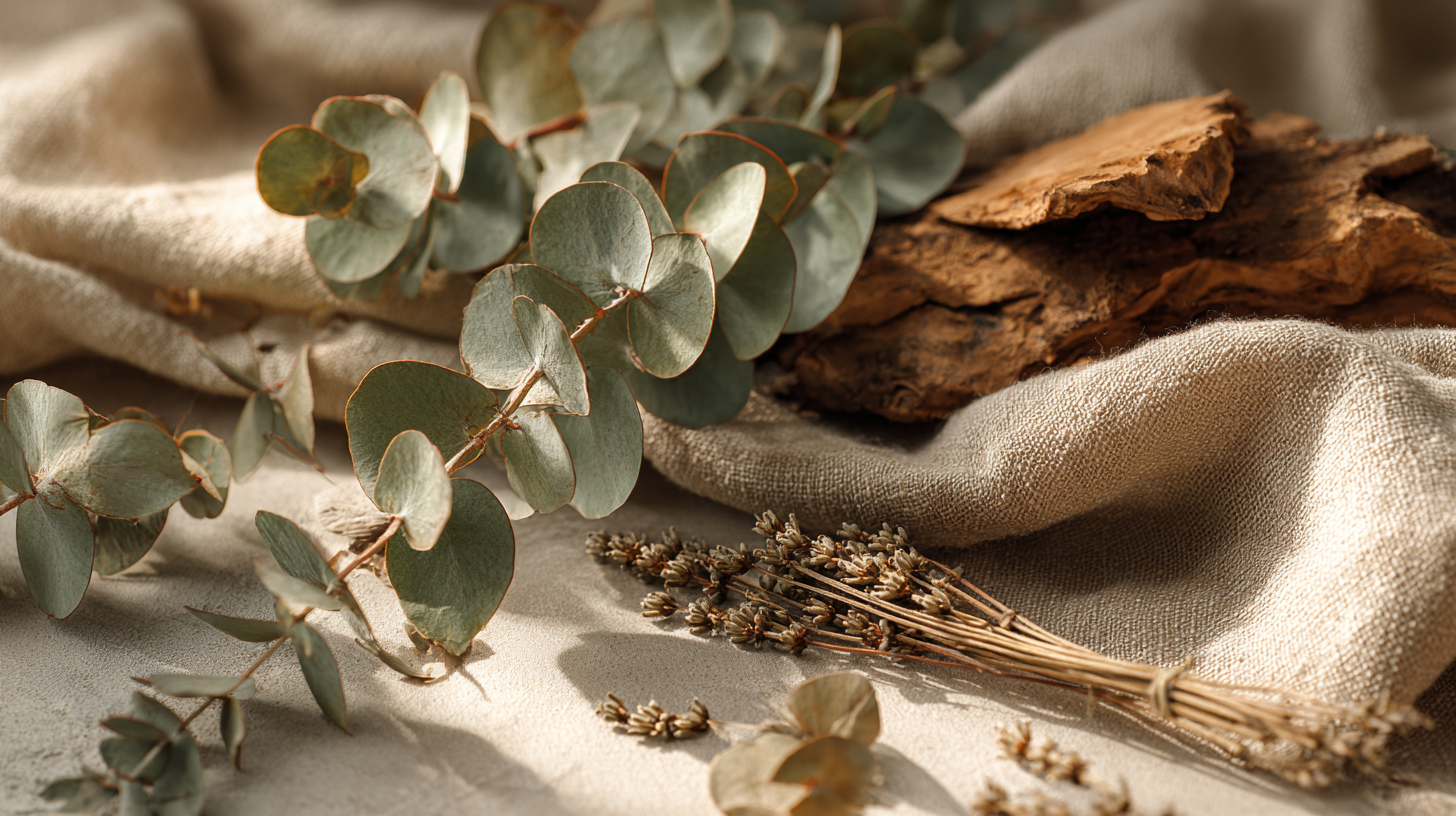 Eucalyptus leaves and dried lavender on a textured fabric surface