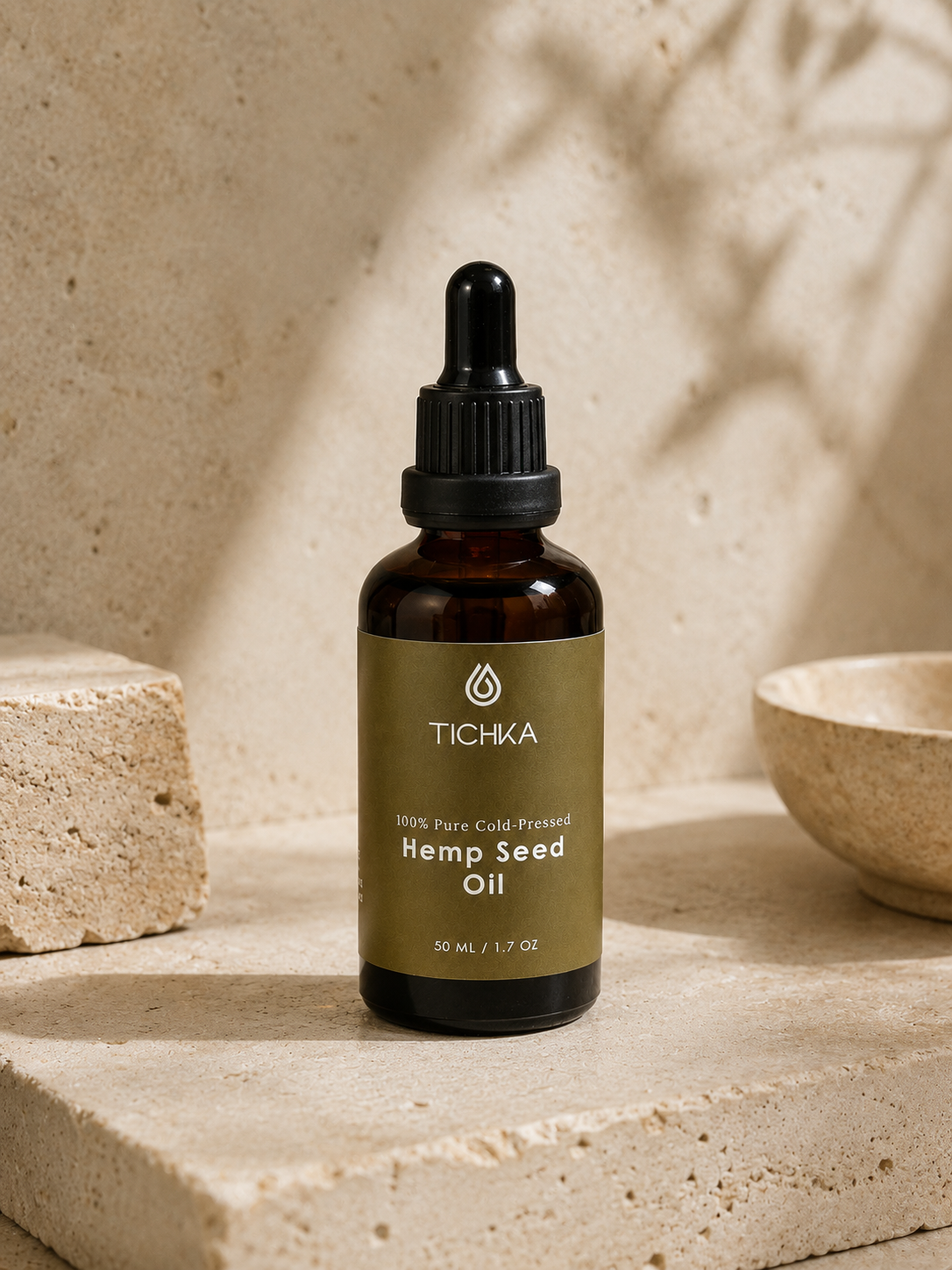 A 30 mL amber glass dropper bottle of Tichka Hemp Seed Oil, featuring a dark olive green label and black dropper cap, set on a textured beige stone surface with warm natural shadows.