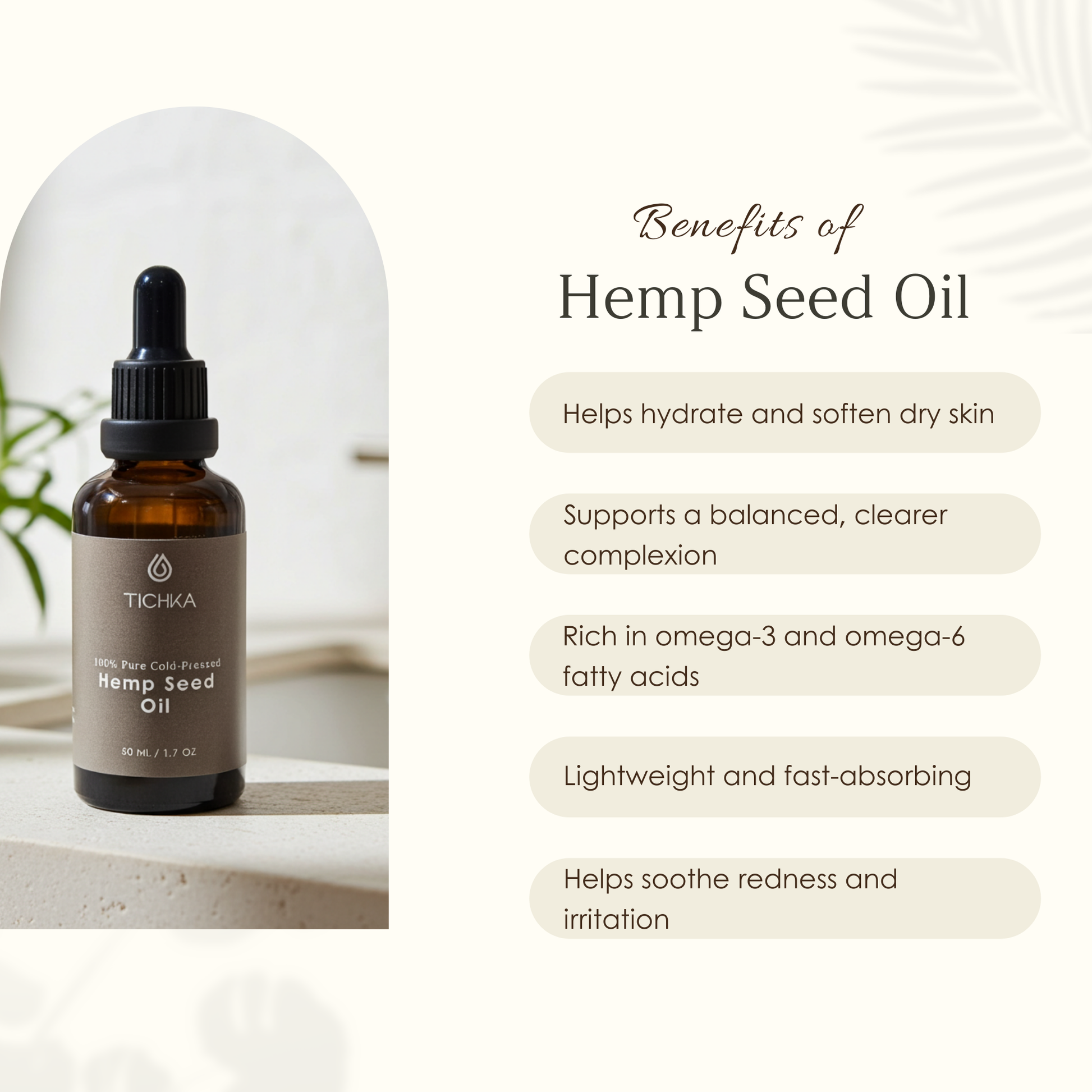 Tichka Hemp Seed Oil bottle with benefits listed on a white background