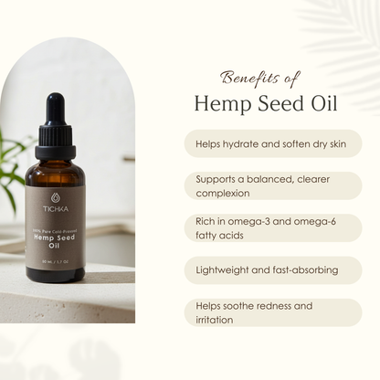 Tichka Hemp Seed Oil bottle with benefits listed on a white background