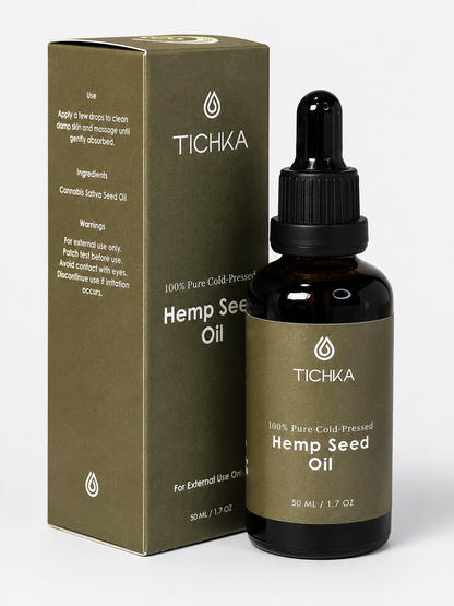 A bottle of Tichka Hemp Seed Oil next to its matching olive green packaging box, set against a clean white background.
