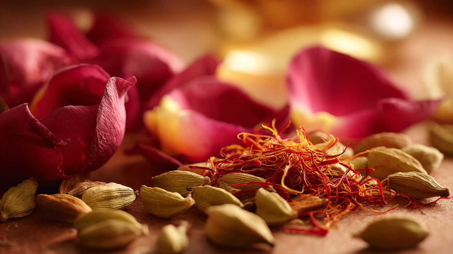 Spices and saffron on a wooden surface with pink rose petals.