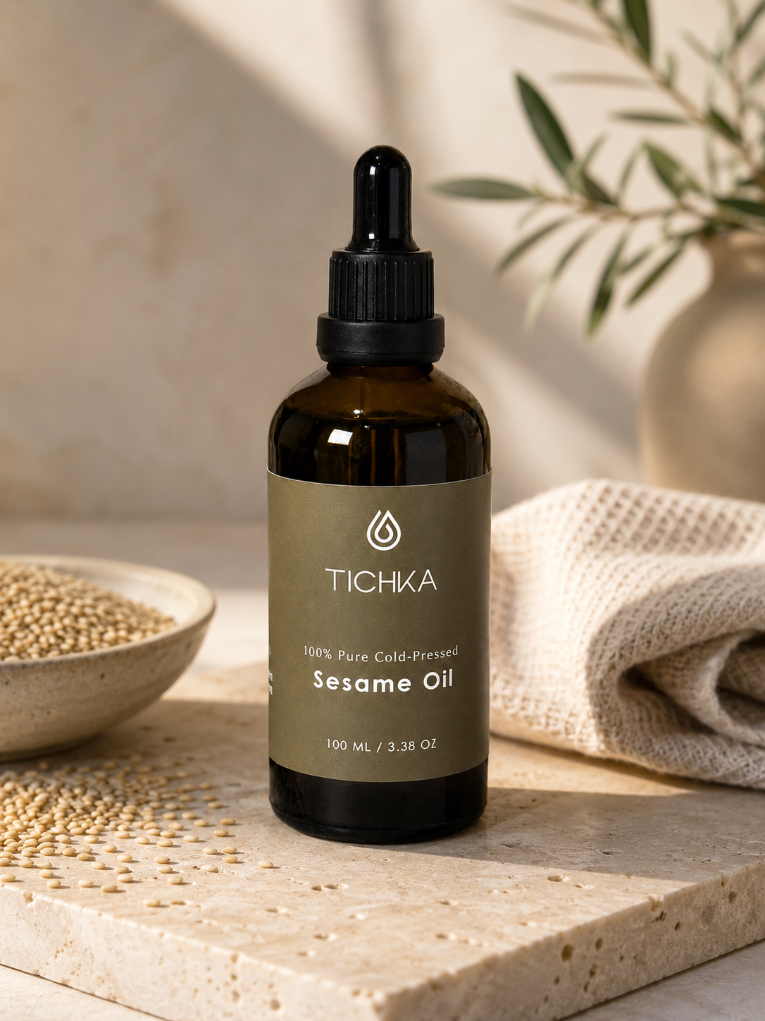 A 100ml amber glass dropper bottle of Tichka Pure Cold-Pressed Sesame Oil, styled on a stone slab with sesame seeds and a beige cloth.