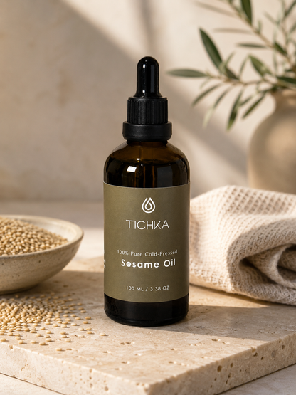 A 100ml amber glass dropper bottle of Tichka Pure Cold-Pressed Sesame Oil, styled on a stone slab with sesame seeds and a beige cloth.