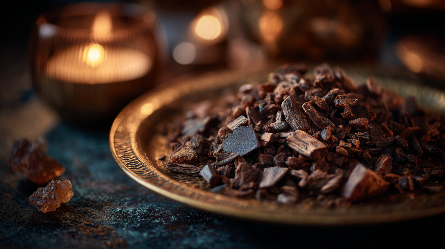 Chopped Tobacco on a decorative plate with a warm, blurred background