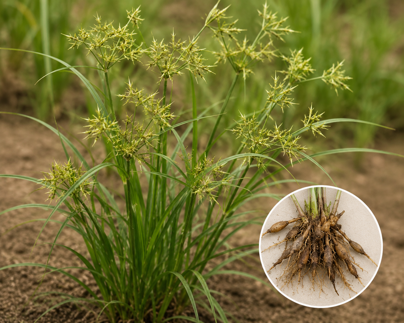 A close-up of a green grass-like plant with small yellow-green flower clusters, shown growing in soil, with a circular inset showing the root system.