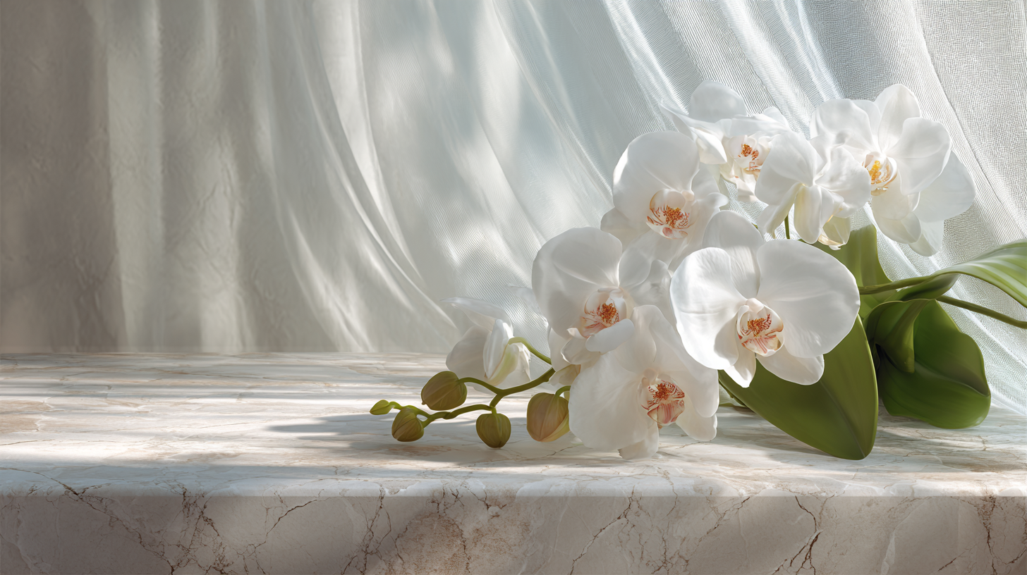 White orchids on a marble surface with a draped white fabric background