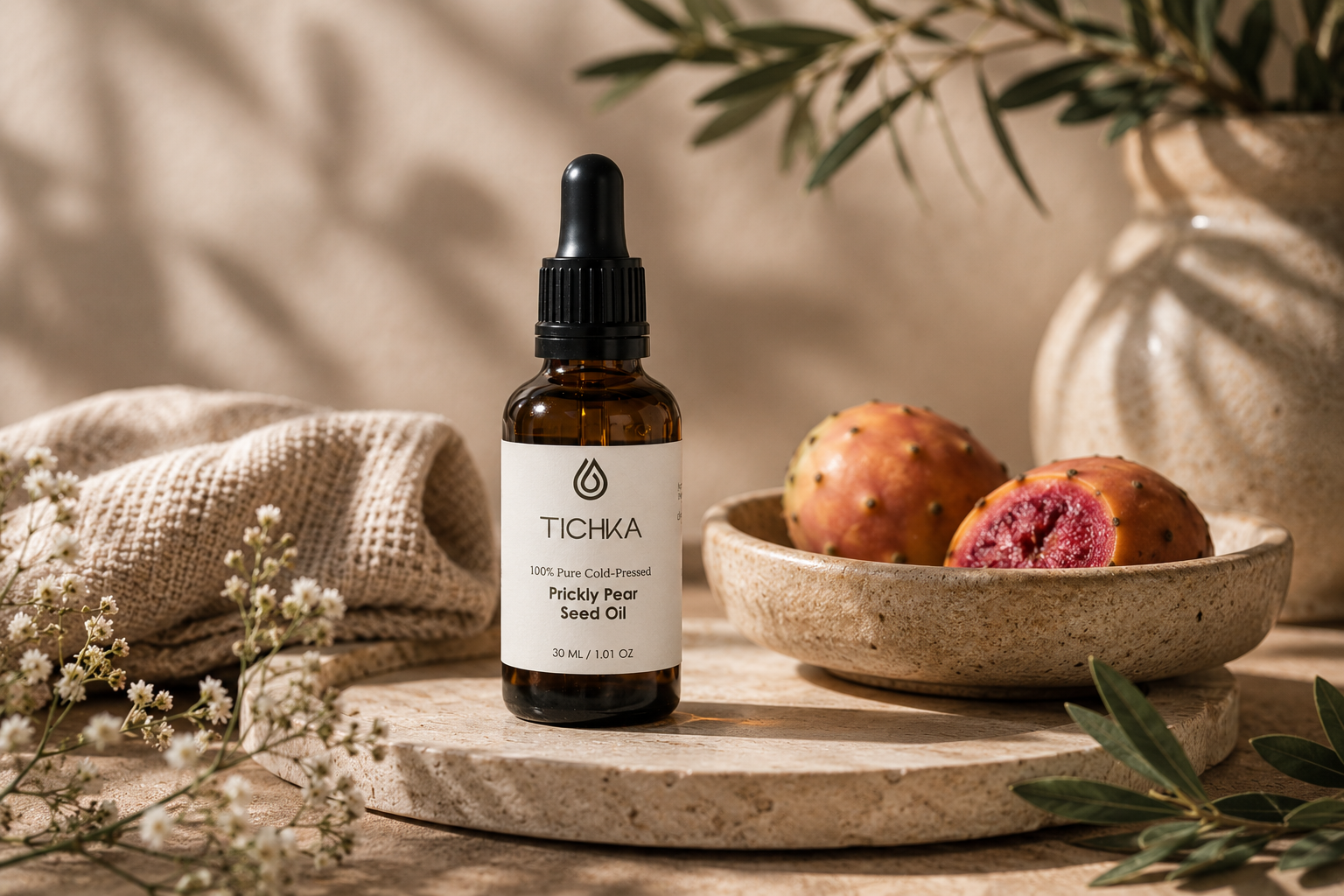 A bottle of Tichika Picky Pear Seed Oil stands on a stone tray beside a bowl of pears and dried flowers, styled in a warm rustic setting.