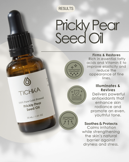 TICHKA Prickly Pear Seed Oil bottle with benefits text on a light gray background