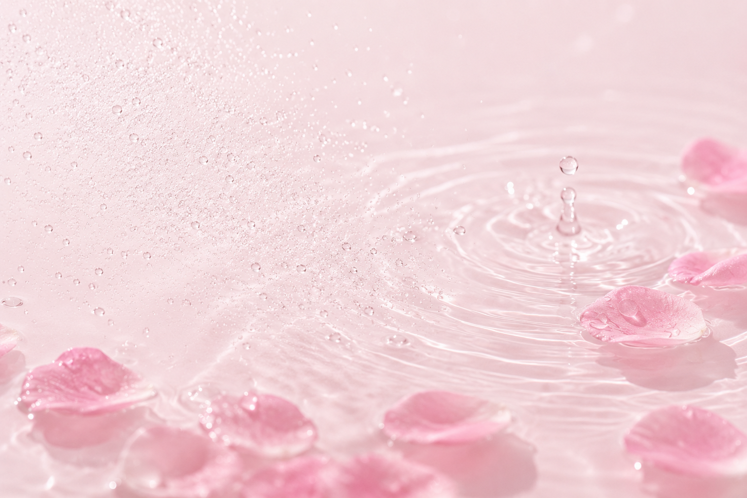 Pink water droplets and ripples on a pale pink surface with scattered pink petals, photographed in a soft, close-up style.