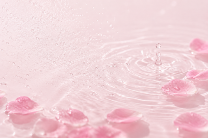 Pink water droplets and ripples on a pale pink surface with scattered pink petals, photographed in a soft, close-up style.