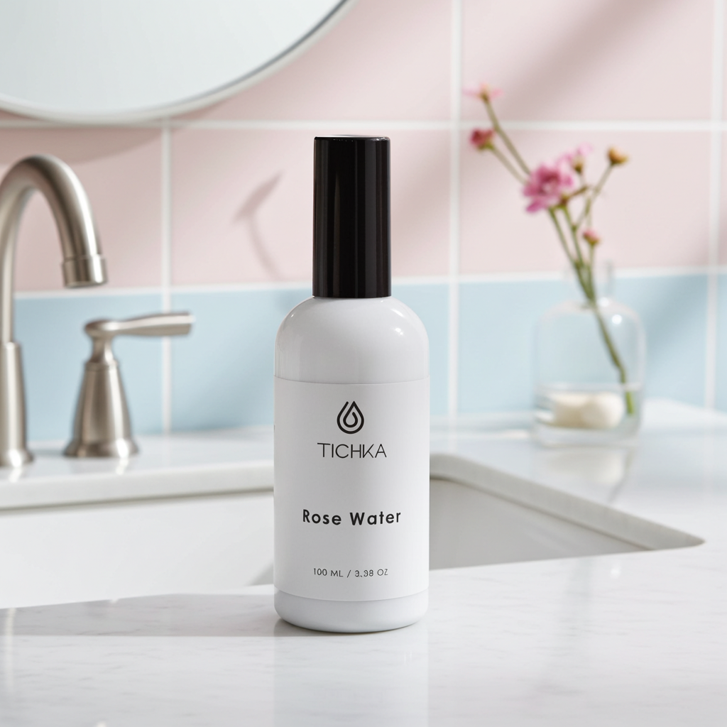 TICHKA rose water bottle on a bathroom counter with a sink and mirror in the background.