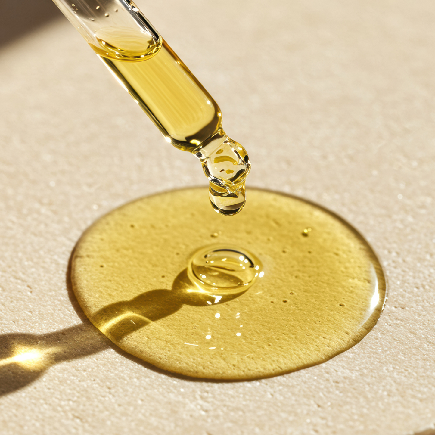 Gold dropper with liquid on a beige background