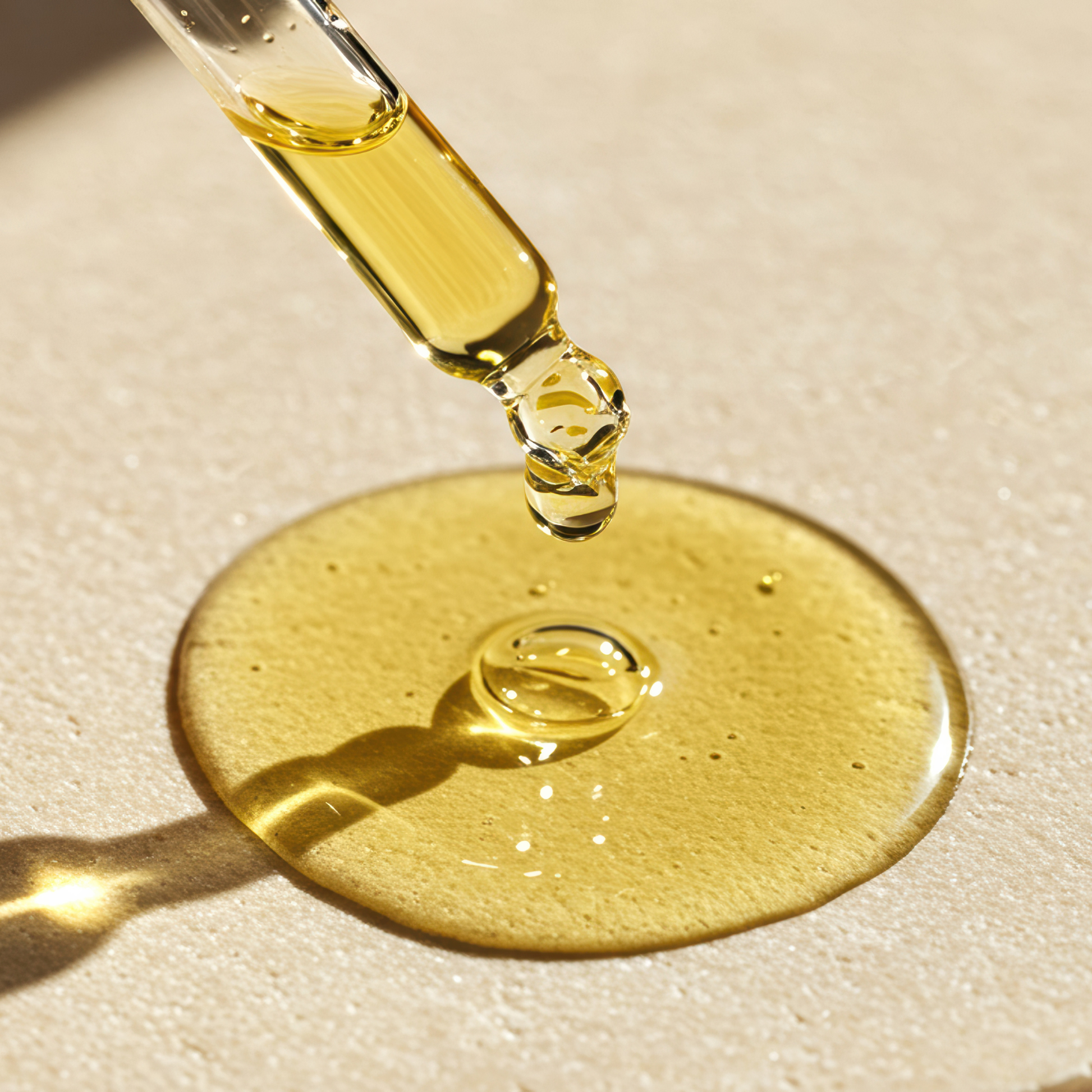 Gold dropper with liquid on a beige background