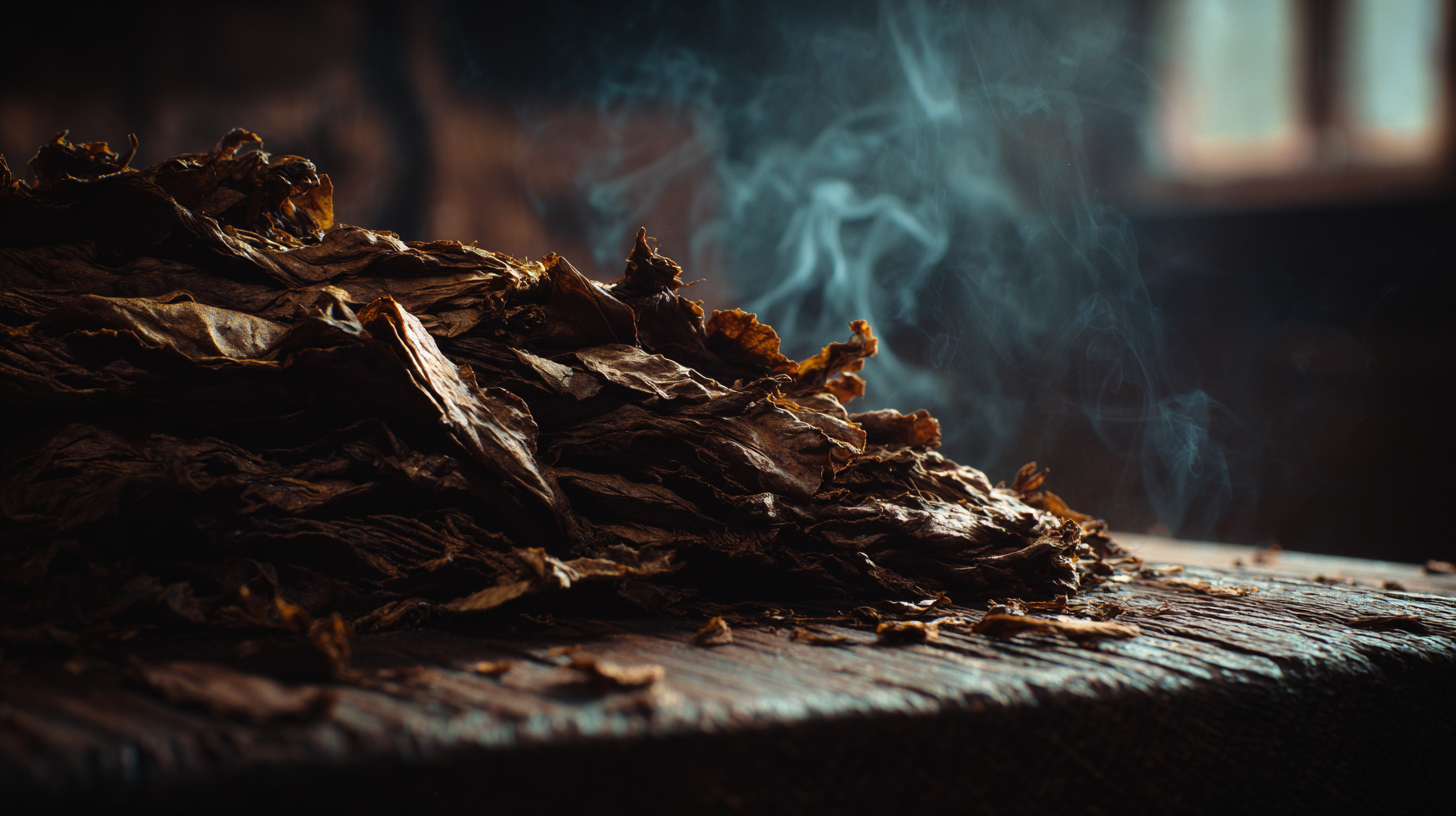 Tobacco leaves with smoke on a wooden surface