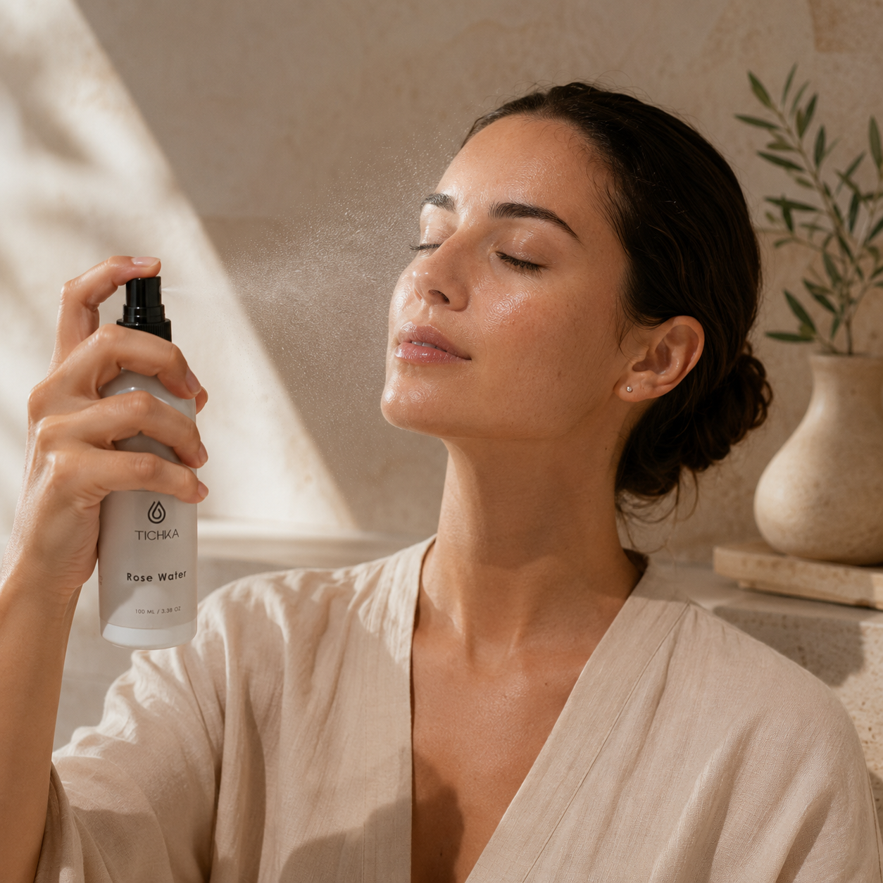 A woman in a beige robe sprays face water from a white bottle labeled Tichka Rose Water, set in a warm, sunlit bathroom environment.