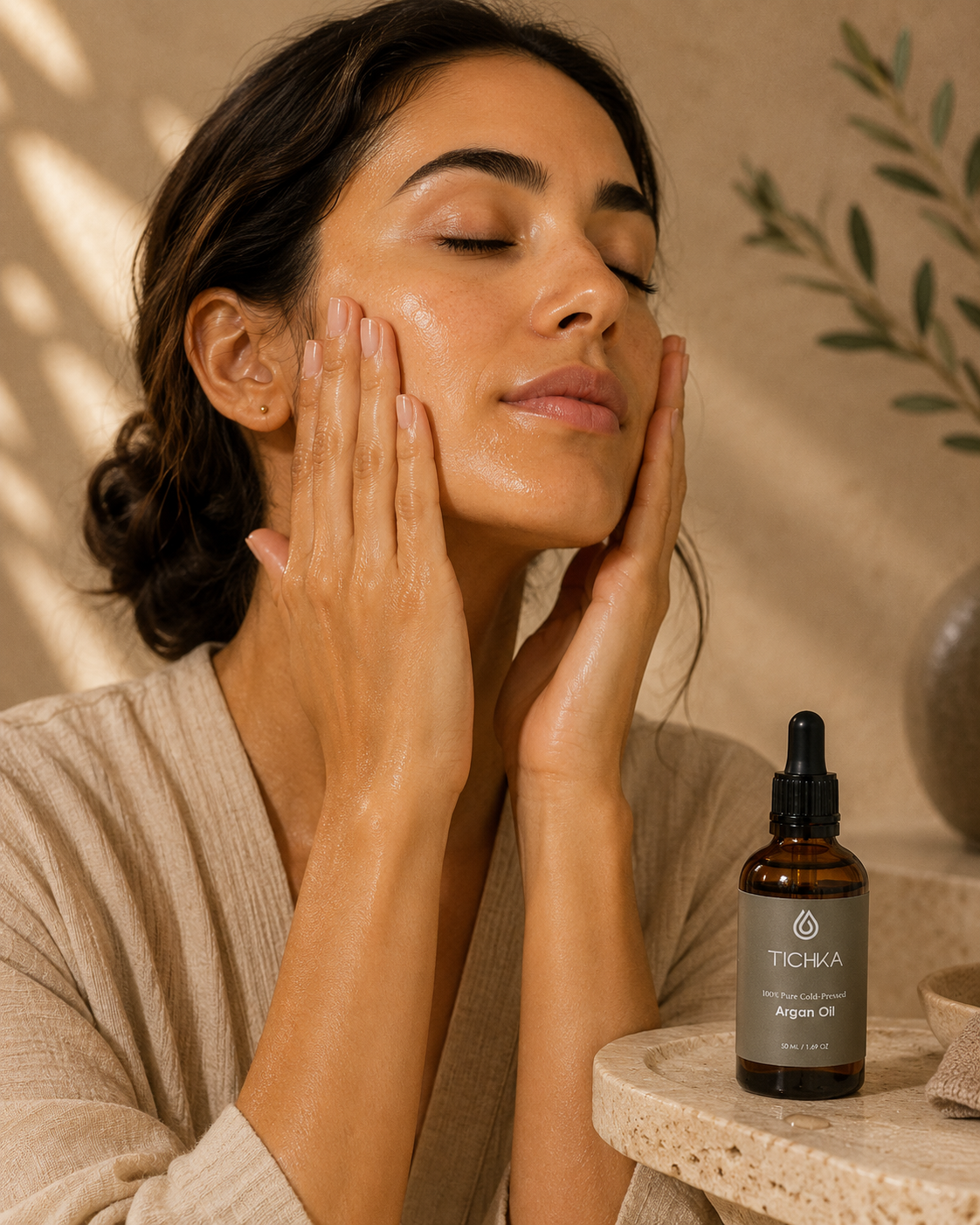 A woman with closed eyes and hands on her face applies or receives the benefits of TICHKA Argan Oil, with the amber dropper bottle resting on a stone surface in the foreground.