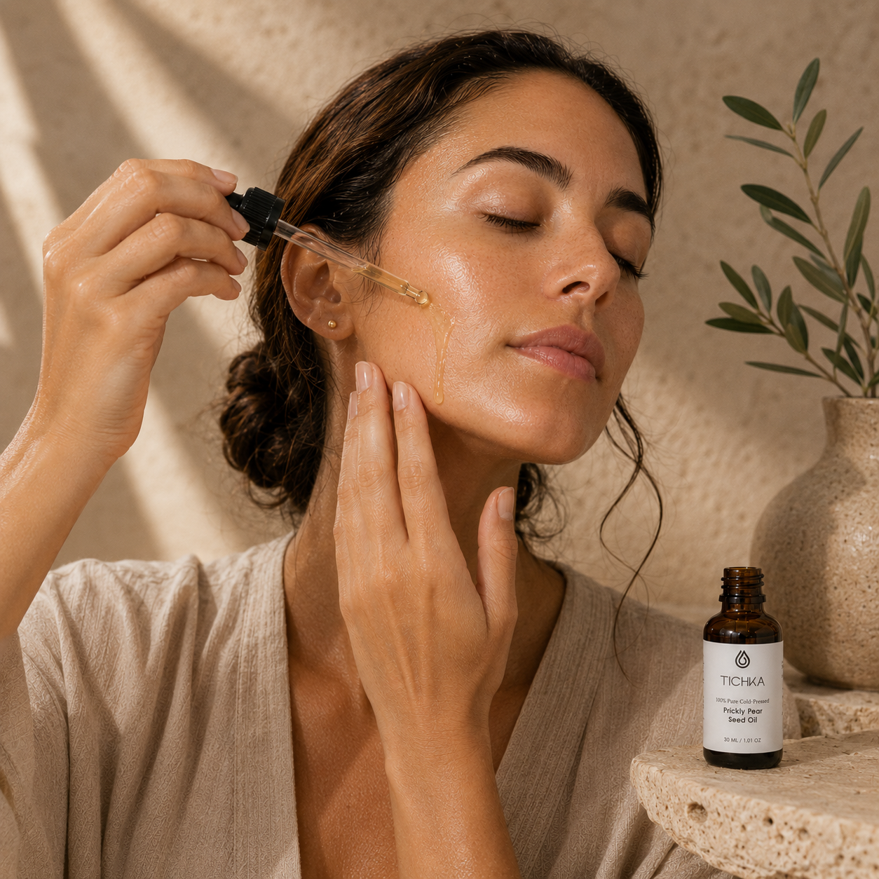 A woman applies a golden facial serum from a dropper to her face, with a small amber bottle labeled TICHIA visible on a stone surface nearby. The scene is softly lit with warm natural shadows and a neutral beige background with a vase of leaves.